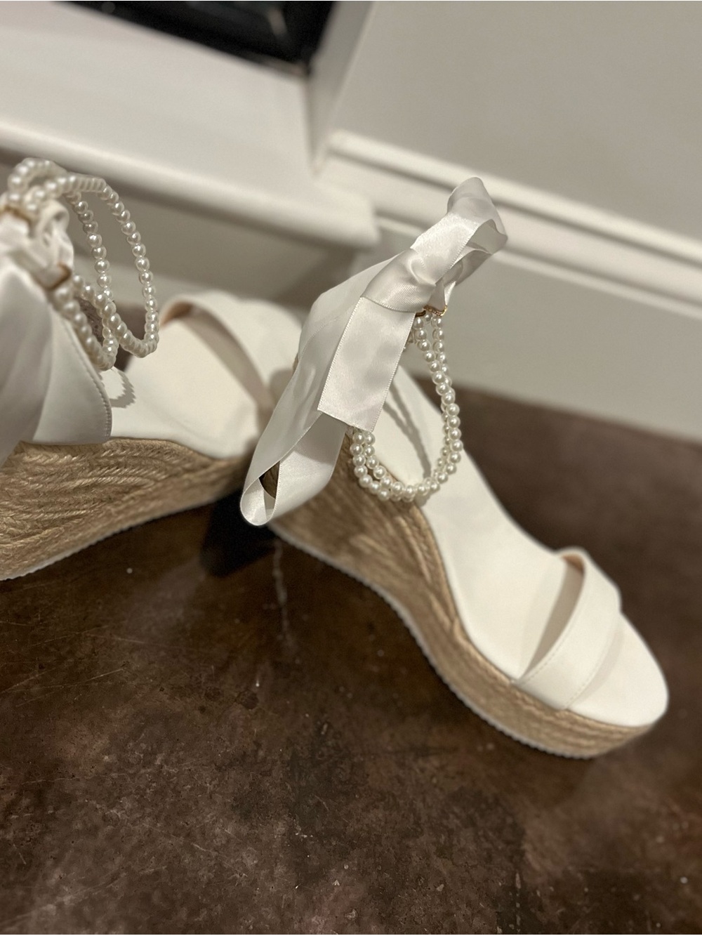 Fashion Nova Ivory Satin Pearl-Ankle Espadrille Wedges